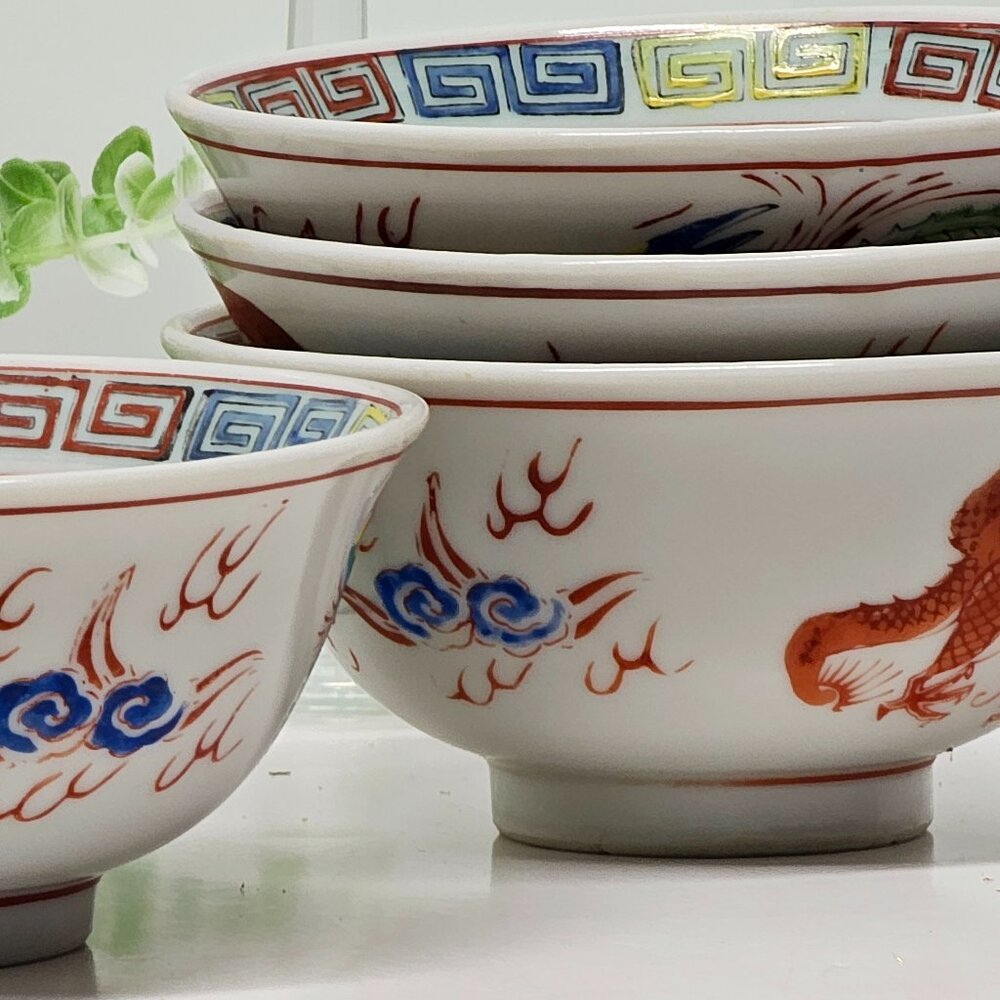Vintage Japanese Arita Ware Imari-Style Dragon Rice Bowls Set of Four